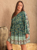 Plus Size V-Neck Balloon Sleeve Printed Mini Dress - Trendsi