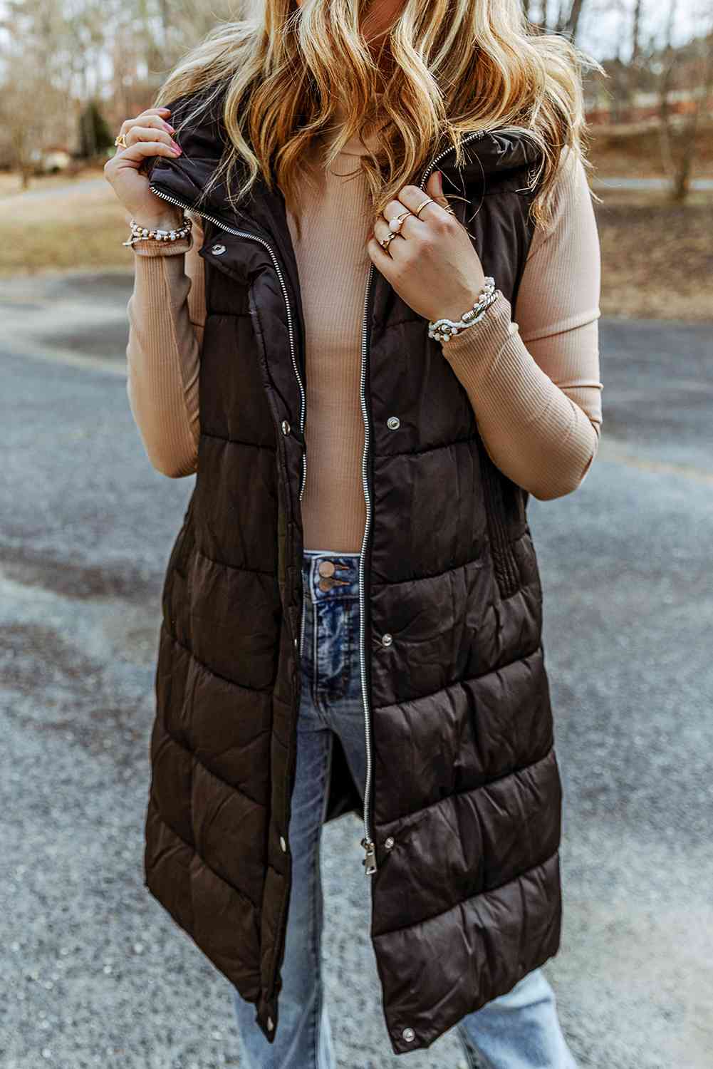 Longline Hooded Sleeveless Puffer Vest - Trendsi - Flyclothing LLC
