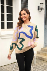 Printed Round Neck Dropped Shoulder Pullover Sweater - Trendsi - Flyclothing LLC