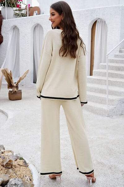 Contrast Trim Round Neck Top and Pants Set - Trendsi - Flyclothing LLC