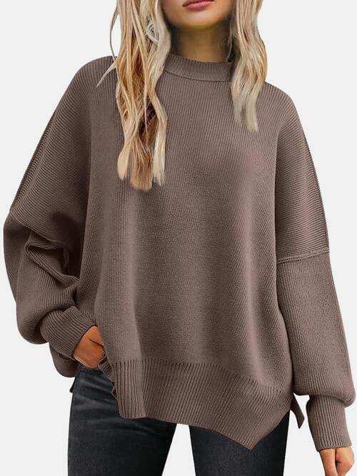 Round Neck Drop Shoulder Slit Sweater - Trendsi - Flyclothing LLC