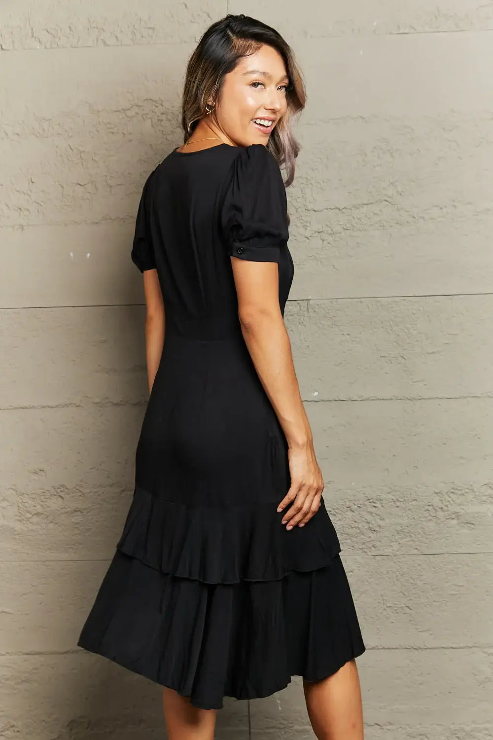 Decorative Button Surplice Ruffle Hem Dress - Trendsi - Flyclothing LLC