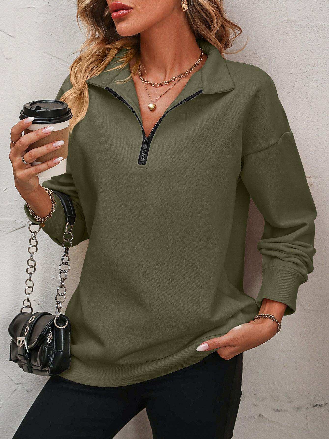 Zip-Up Dropped Shoulder Sweatshirt - Trendsi - Flyclothing LLC
