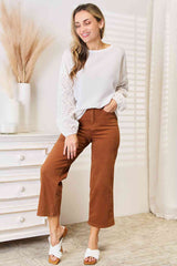 Double Take Eyelet Dropped Shoulder Round Neck Blouse - Trendsi - Flyclothing LLC