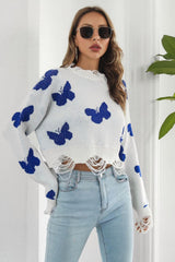 Printed Round Neck Ribbed Long Sleeve Sweater - Trendsi