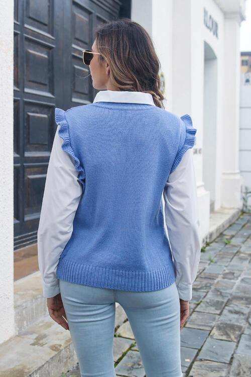 Round Neck Ruffled Sweater Vet - Trendsi - Flyclothing LLC