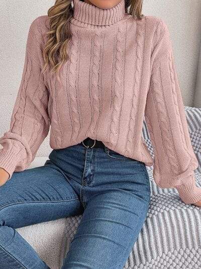 Cable-Knit Turtleneck Dropped Shoulder Sweater - Trendsi - Flyclothing LLC
