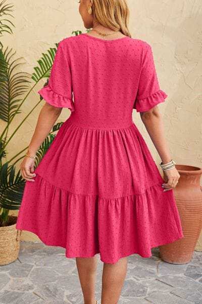 Swiss Dot Ruffled V-Neck Tiered Dress - Trendsi - Flyclothing LLC