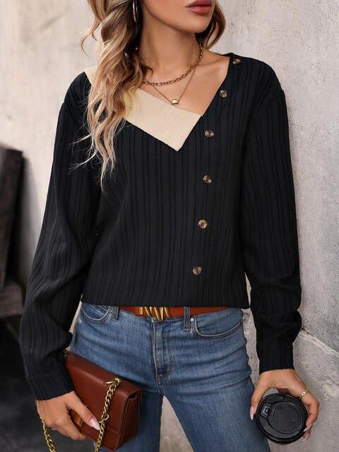 Asymmetrical Neck Decorative Button Top - Trendsi