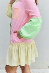 Davi & Dani Flying Colors Full Size Colorblock Long Sleeve Shirt Dress - Trendsi
