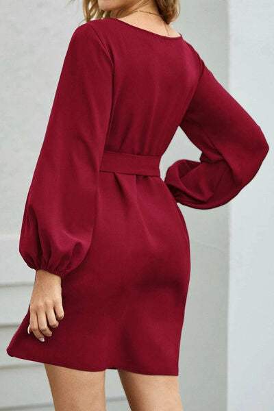 Tied Boat Neck Balloon Sleeve Mini Dress - Trendsi - Flyclothing LLC