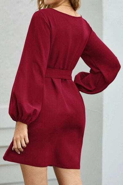 Tied Boat Neck Balloon Sleeve Mini Dress - Trendsi - Flyclothing LLC