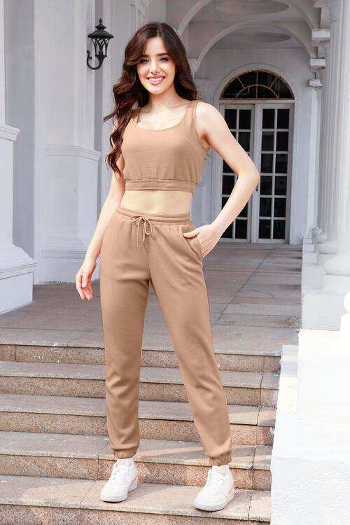 Waffle-Knit Cropped Tank and Drawstring Pants Set - Trendsi - Flyclothing LLC