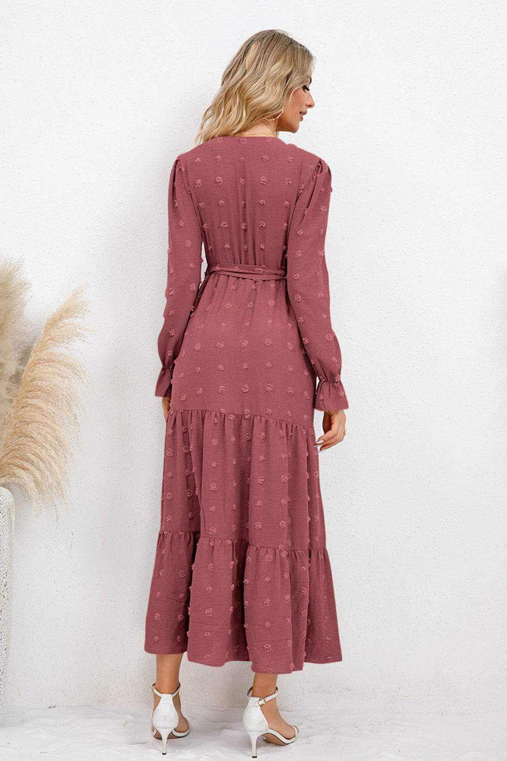 Swiss Dot Tied Surplice Flounce Sleeve Dress - Trendsi - Flyclothing LLC