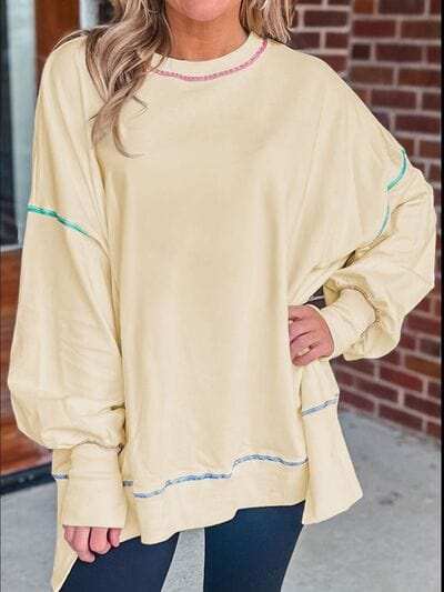 Slit Round Neck Lantern Sleeve Sweatshirt - Trendsi - Flyclothing LLC