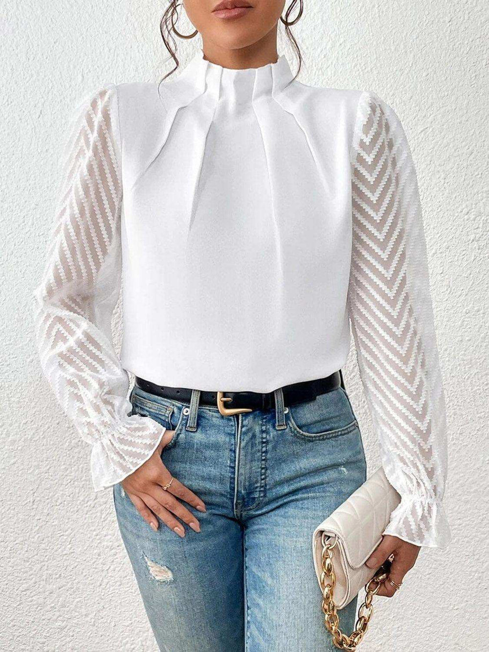 Mock Neck Flounce Sleeve Blouse - Trendsi - Flyclothing LLC