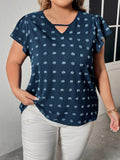Plus Size Swiss Dot V-Neck Flutter Sleeve Tee - Trendsi