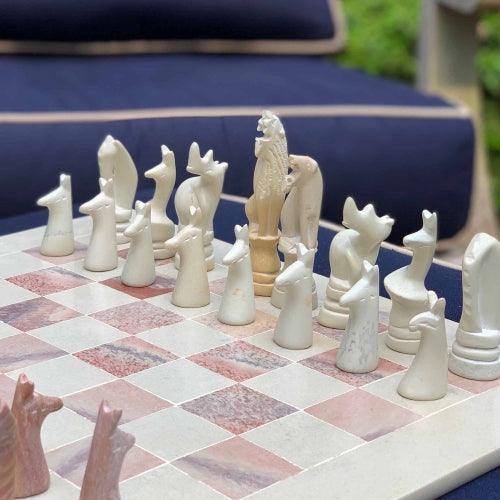 Hand Carved Soapstone Animal Chess Set - 15" Board - Smolart - Flyclothing LLC