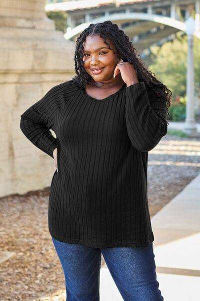 Basic Bae Full Size Ribbed Round Neck Long Sleeve Knit Top - Trendsi - Flyclothing LLC