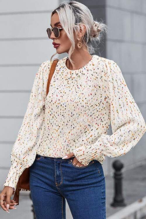 Heathered Round Neck Lantern Sleeve Sweater - Trendsi - Flyclothing LLC