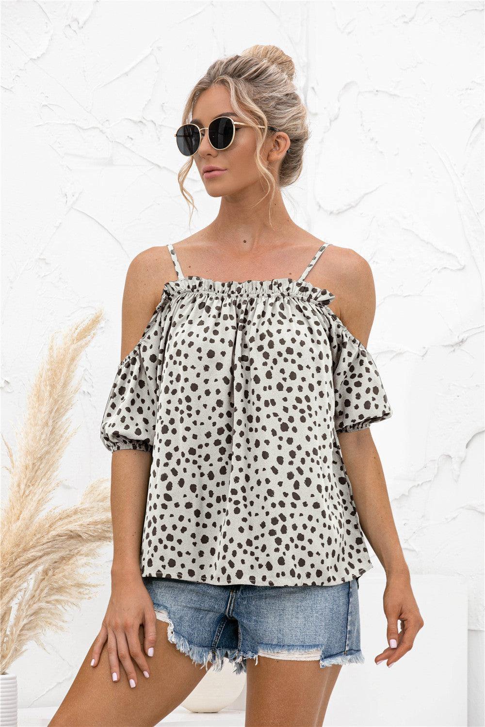 Printed Cold-Shoulder Frill Trim Blouse - Trendsi