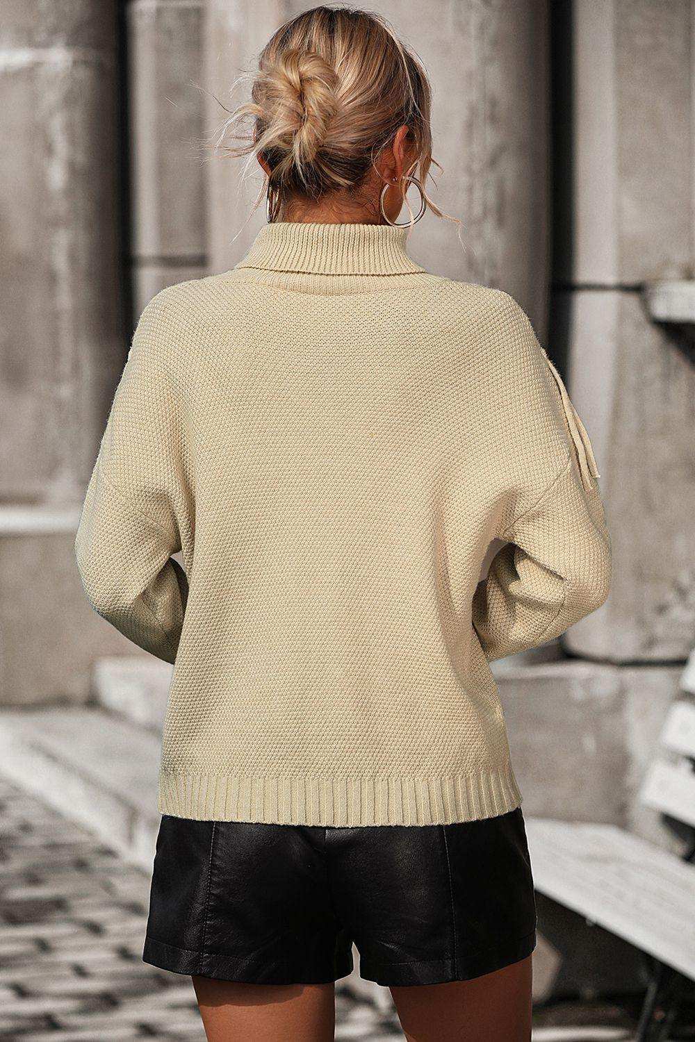 Turtle Neck Tassel Front Long Sleeve Pullover Sweater - Trendsi - Flyclothing LLC