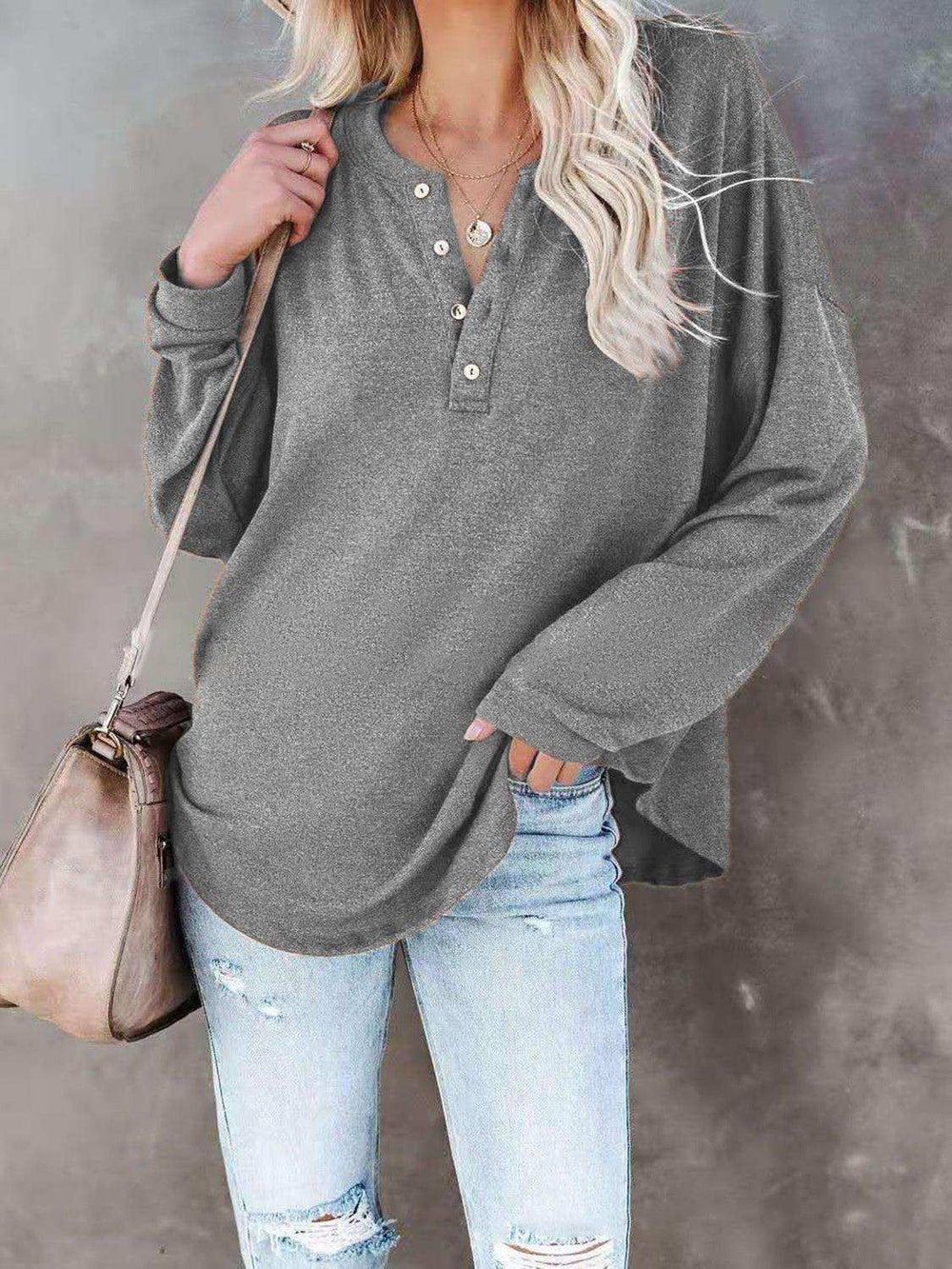 Buttoned Drop Shoulder Top - Trendsi - Flyclothing LLC