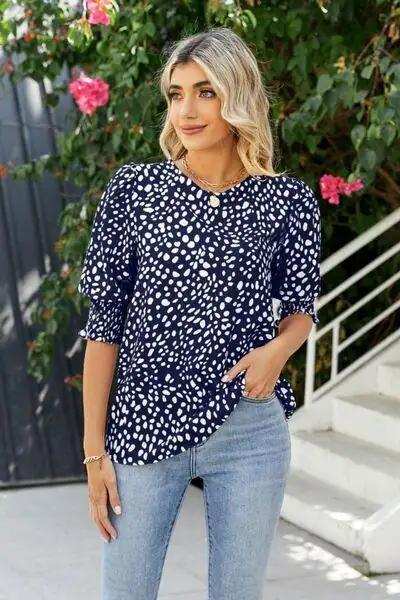 Polka Dot Round Neck Lantern Sleeve Blouse - Trendsi - Flyclothing LLC