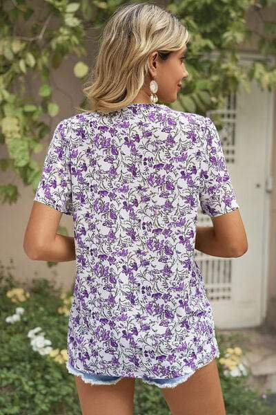 Floral V-Neck Short Sleeve T-Shirt - Trendsi - Flyclothing LLC