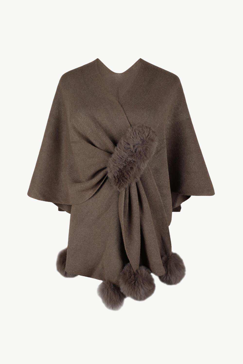 Surplice Neck Pom-Pom Trim Poncho - Trendsi - Flyclothing LLC