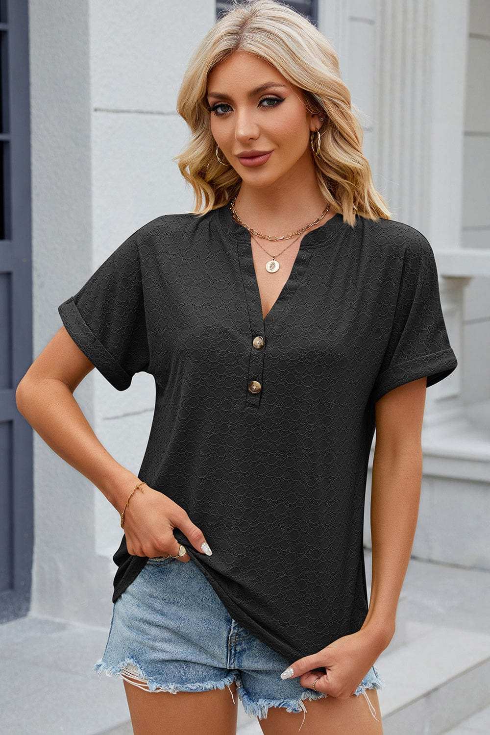 Eyelet Notched Short Sleeve T-Shirt - Trendsi - Flyclothing LLC