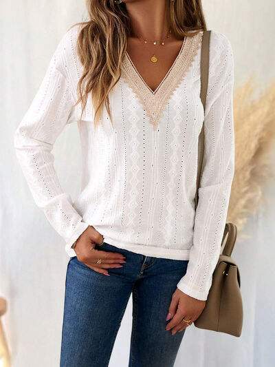Eyelet V-Neck Dropped Shoulder T-Shirt - Trendsi - Flyclothing LLC