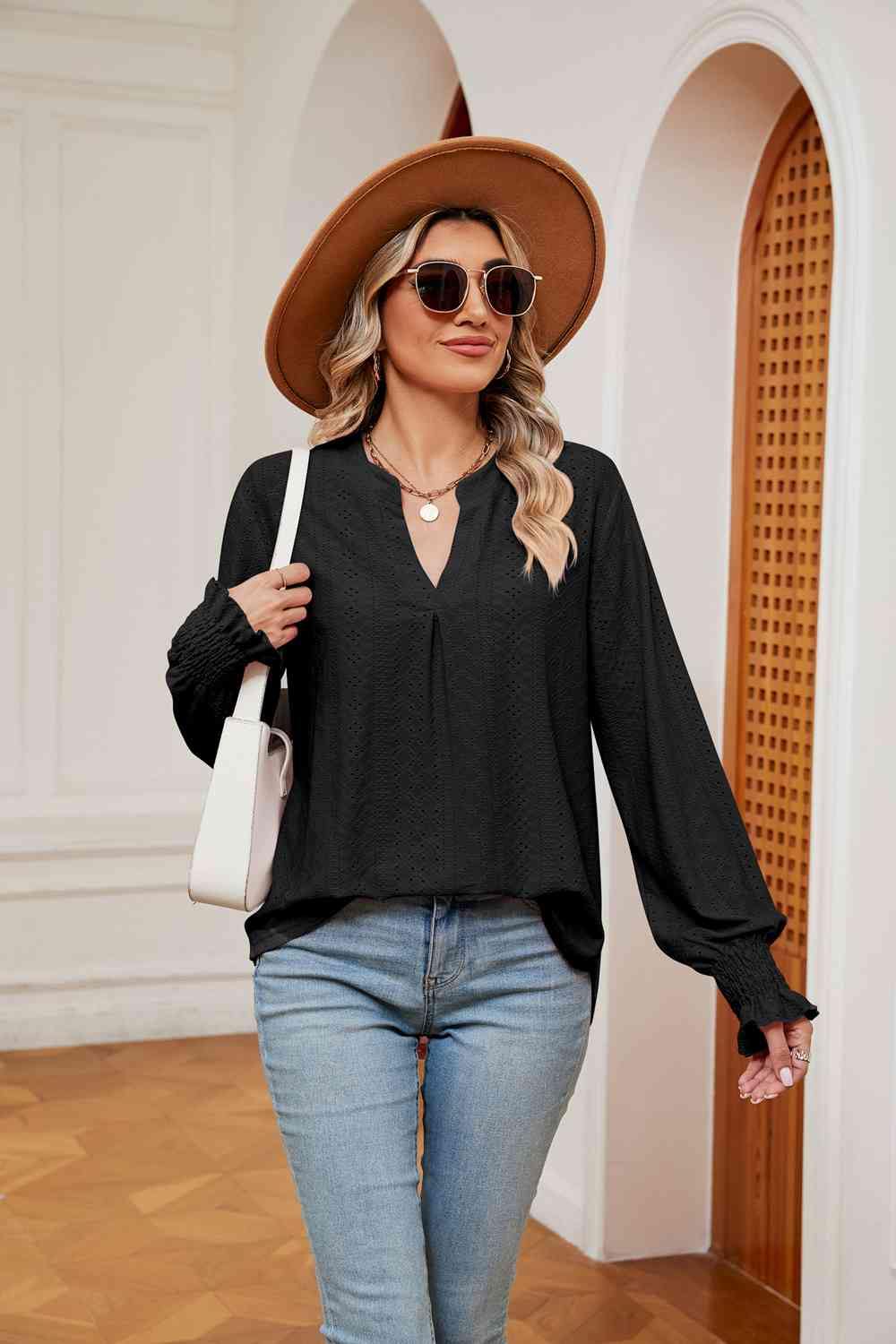 Notched Neck Flounce Sleeve Blouse - Trendsi