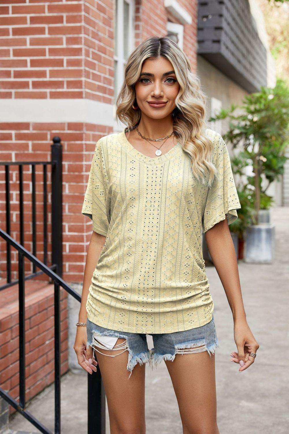 Flutter Sleeve Eyelet Gathered Detail Top - Trendsi - Flyclothing LLC