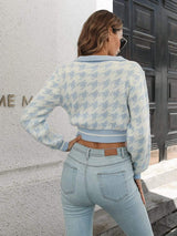 Houndstooth Johnny Collar Cropped Sweater - Trendsi - Flyclothing LLC