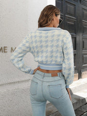 Houndstooth Johnny Collar Cropped Sweater - Trendsi