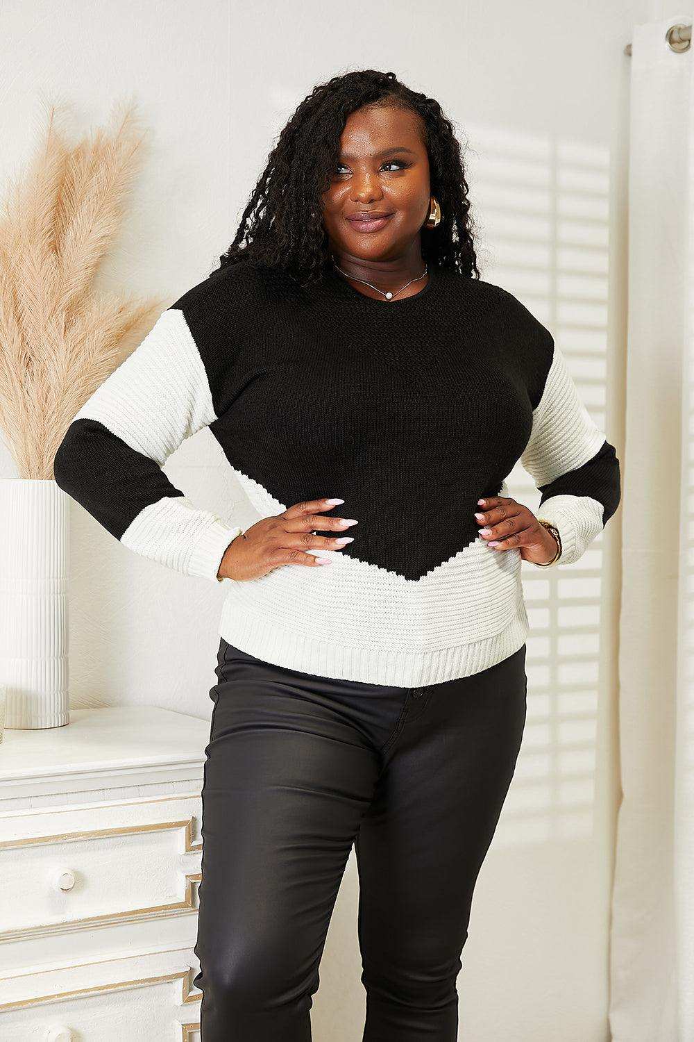 Double Take Two-Tone Openwork Rib-Knit Sweater - Trendsi - Flyclothing LLC
