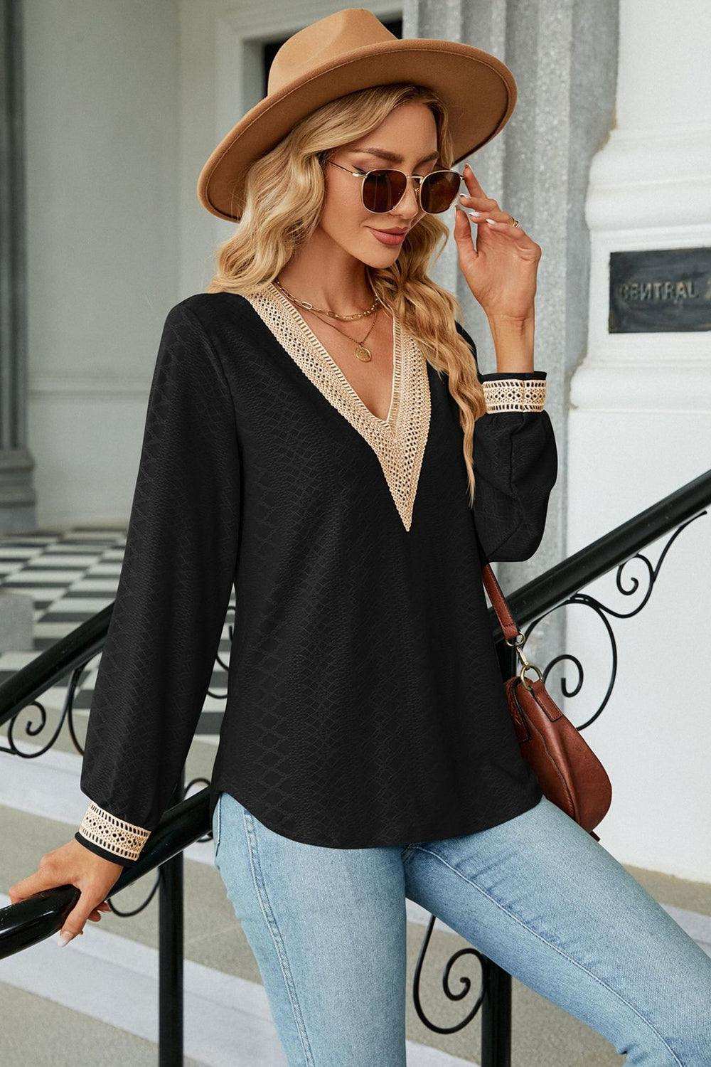 V-Neck Long Sleeve Blouse - Trendsi - Flyclothing LLC