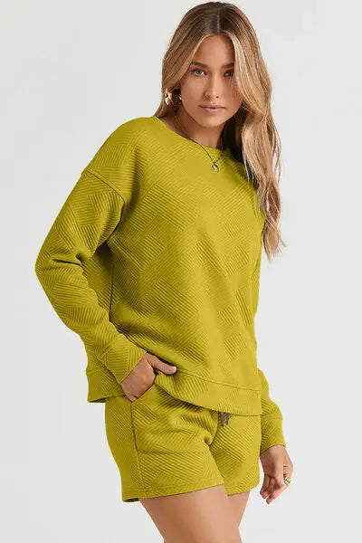 Double Take Full Size Texture Long Sleeve Top and Drawstring Shorts Set - Trendsi - Flyclothing LLC