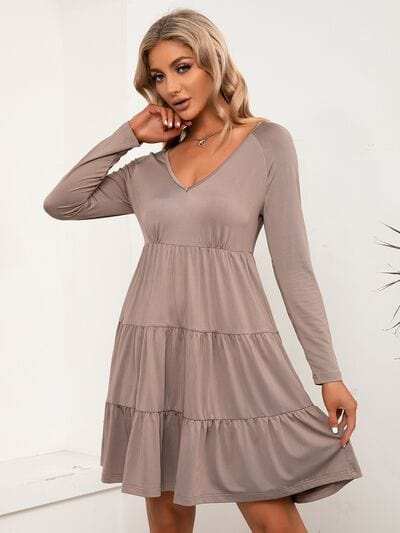 V-Neck Long Sleeve Tiered Dress - Trendsi - Flyclothing LLC