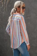 Striped Button-Up Curved Hem Shirt with Breast Pocket - Flyclothing LLC