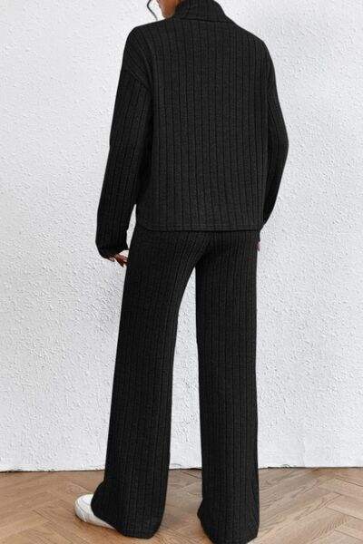 Mock Neck Dropped Shoulder Top and Pants Set - Trendsi - Flyclothing LLC