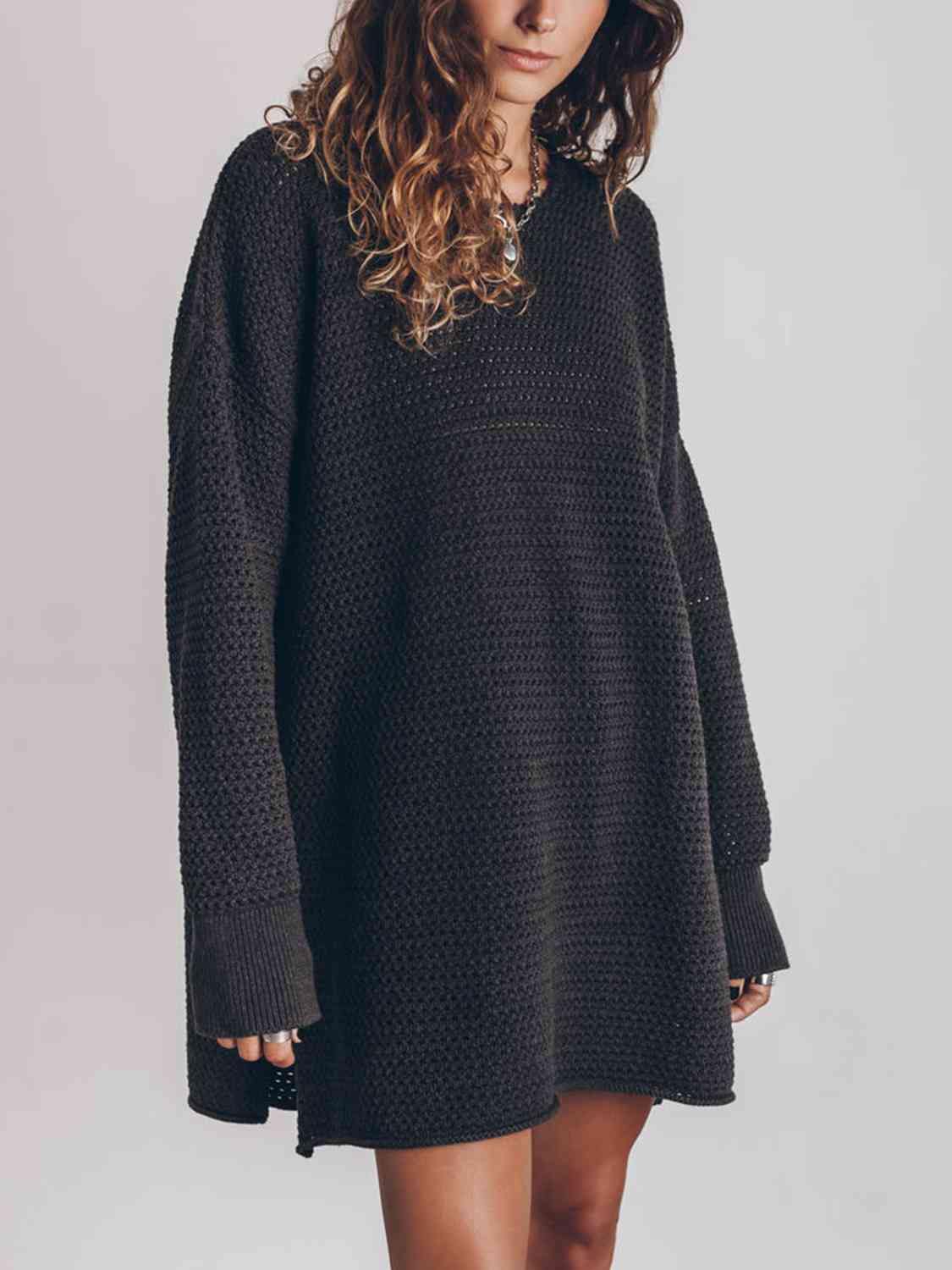 Openwork Round Neck Long Sleeve Slit Sweater - Trendsi