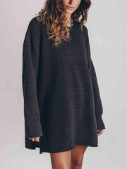 Openwork Round Neck Long Sleeve Slit Sweater - Trendsi