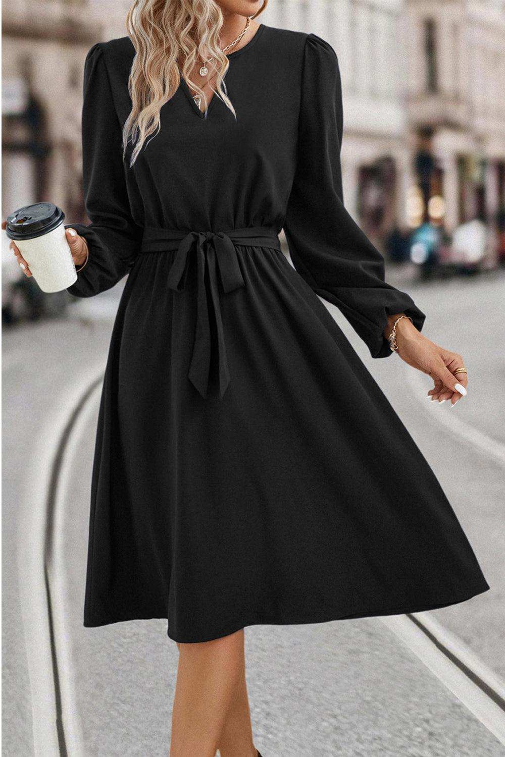 Tie Waist Notched Neck Long Sleeve Dress - Trendsi - Flyclothing LLC