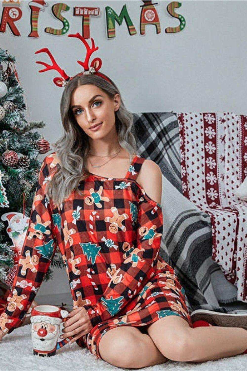 Christmas Asymmetrical Neck Long Sleeve Dress - Trendsi - Flyclothing LLC