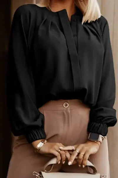 Button Up Round Neck Long Sleeve Shirt - Trendsi - Flyclothing LLC