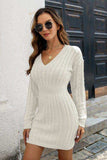 Cable-Knit V-Neck Long Sleeve Mini Sweater Dress - Trendsi - Flyclothing LLC