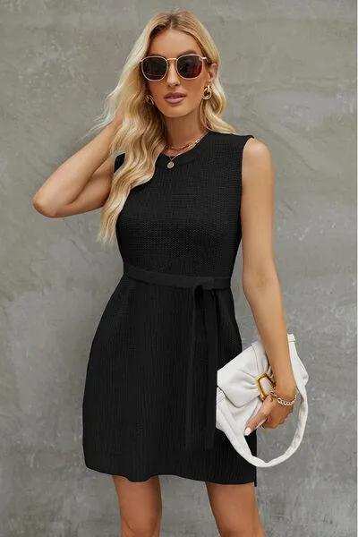 Tied Round Neck Sleeveless Sweater Dress - Trendsi - Flyclothing LLC