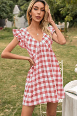 Plaid Butterfly Sleeve Deep V Dress - Trendsi - Flyclothing LLC